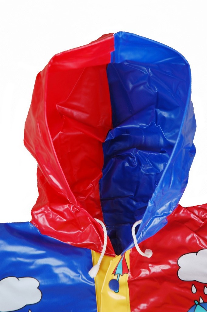 R-1021-1002-2 blue and red shiny pvc vinyl kids rain weatherproof jacket hood with drawstring Furthertrade.com the high quality China raincoat manufacturer and supplier