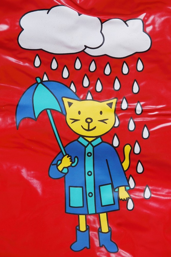 R-1021-1002-2 blue and red shiny pvc vinyl kids rain weatherproof jacket print cat Furthertrade.com the high quality China raincoat wholesale manufacturer and supplier