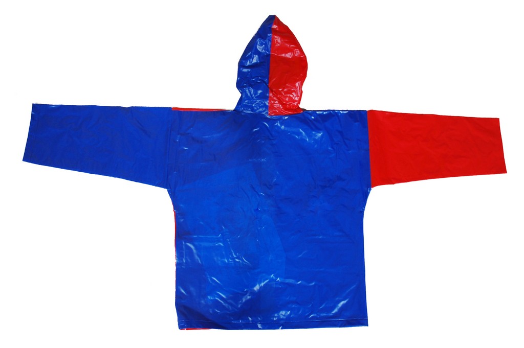 R-1021-1002-2 blue and red shiny pvc vinyl kids rain weatherproof jacket back Furthertrade.com the most reliable raincoat manufacturers and suppliers