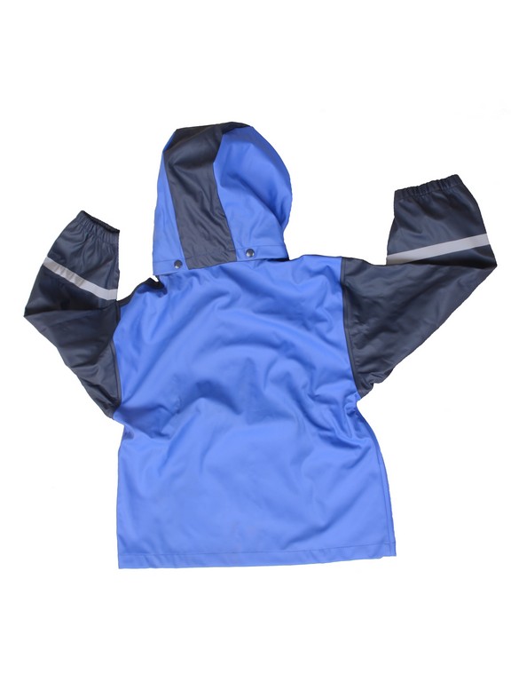 R-1022-1003 blue pu boys rain jacket back with reflective stripe Furthertrade.com the most reliable raincoat supplier and manufacturer