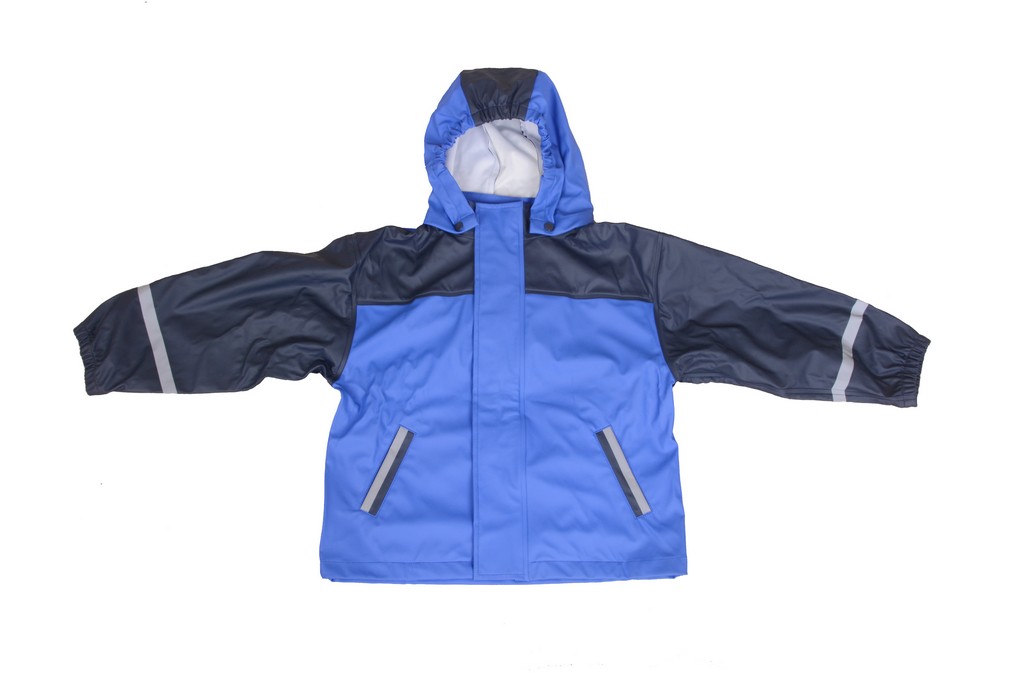 R-1022-1003 blue pu boys rain jacket front Furthertrade.com the most reliable China raincoat manufacturers and suppliers