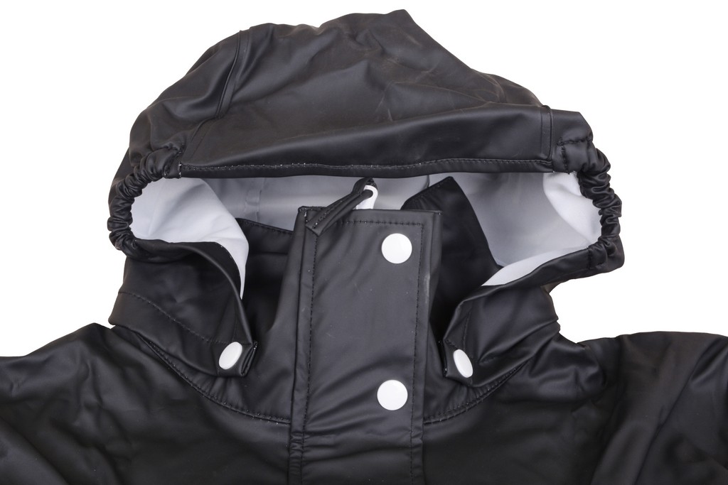 R-1022-1006 black pu long rain jacket for women hood with elastic cord and button Furthertrade.com the best raincoat suppliers and manufacturers