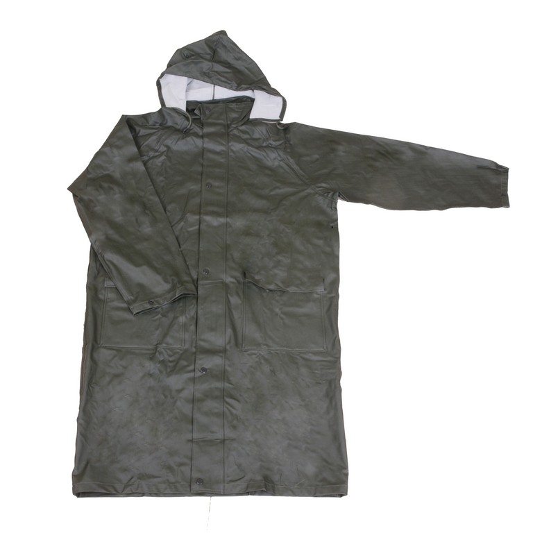 R-24017 green pu long rain mens waterproof jackets front Furthertrade.com the most reliable raincoat supplier and manufacturer