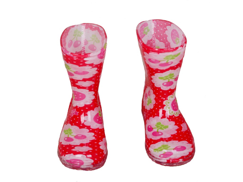 KRB-1001 red fruit print pvc vinyl toddler rain boots front Furthertrade.com the excellent rain boots supplier and manufacturer