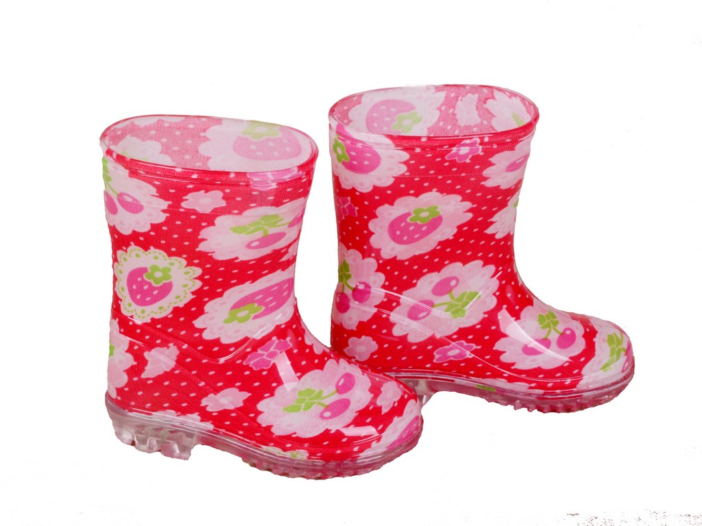 KRB-1001 red fruit print pvc vinyl toddler rain boots side Furthertrade.com the high quality rain boots supplier and manufacturer