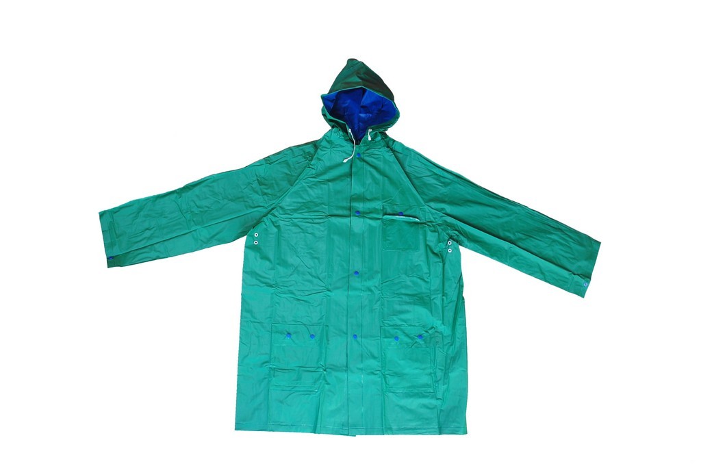 R-1057-1 green and blue reversible pvc vinyl rain best waterproof jacket front Furthertrade.com the best China raincoat wholesale manufacturer and supplier