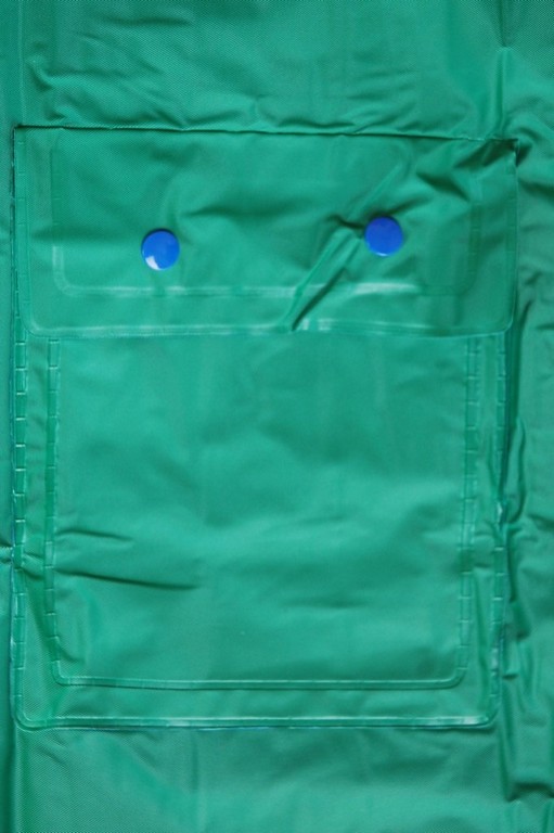 R-1057-1 green and blue reversible pvc vinyl rain best waterproof jacket pocket with flap and button Furthertrade.com the best China raincoat manufacturers and suppliers