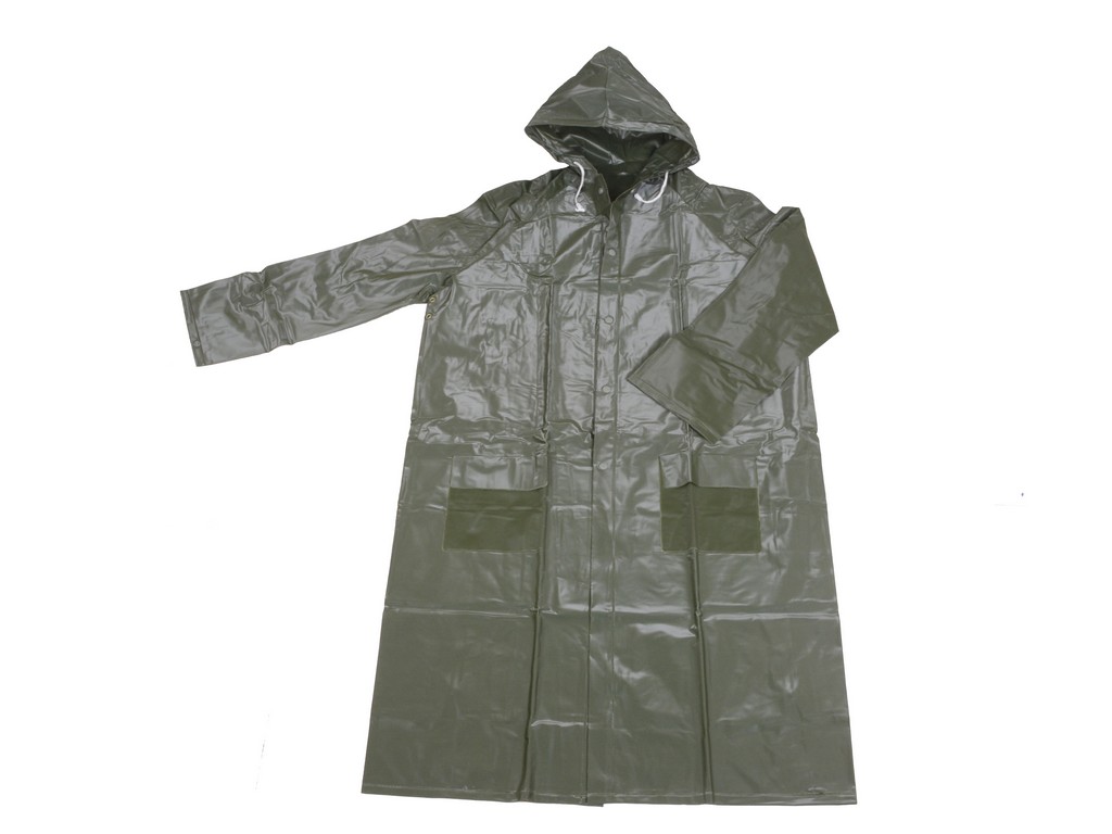 R-1056-9 green heavy duty pvc vinyl long rain jackets for men front Furthertrade.com the high quality China raincoat manufacturer and supplier