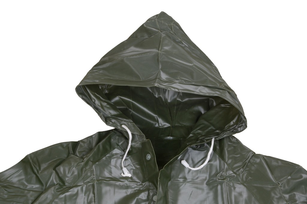 R-1056-9 green heavy duty pvc vinyl long rain jackets for men hood with drawstring Furthertrade.com the excellent China raincoat manufacturer and supplier